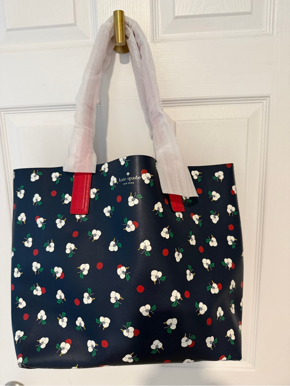 kate spade Navy Floral Cherry Tote with Red Handles
